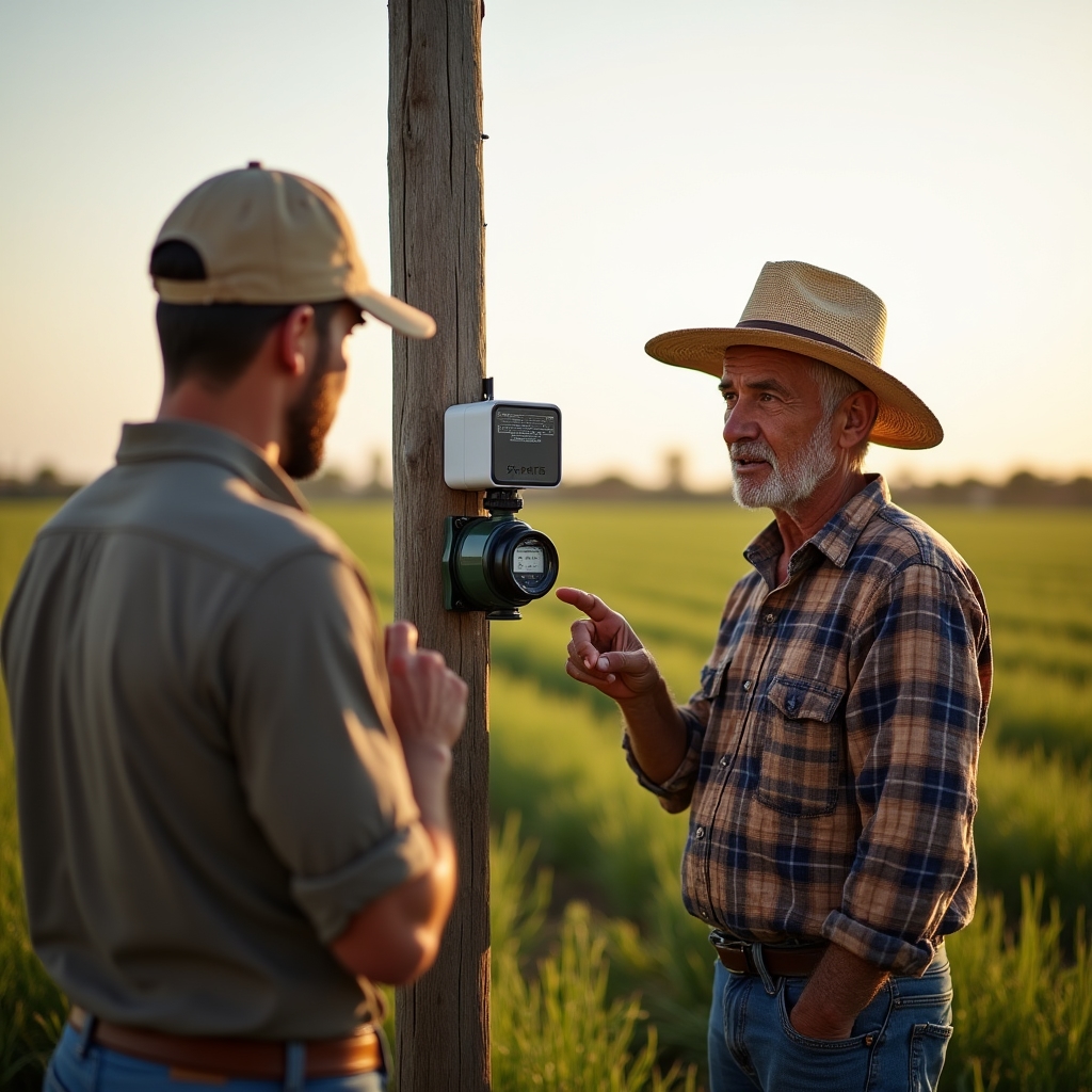 Técnico explicando a un productor el funcionamiento del timer solar de riego en el campo